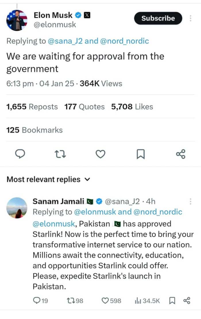 Elon Musk's tweet on Starlink in Pakistan