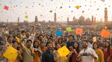 Ai image of people celebrating Basant and are happy