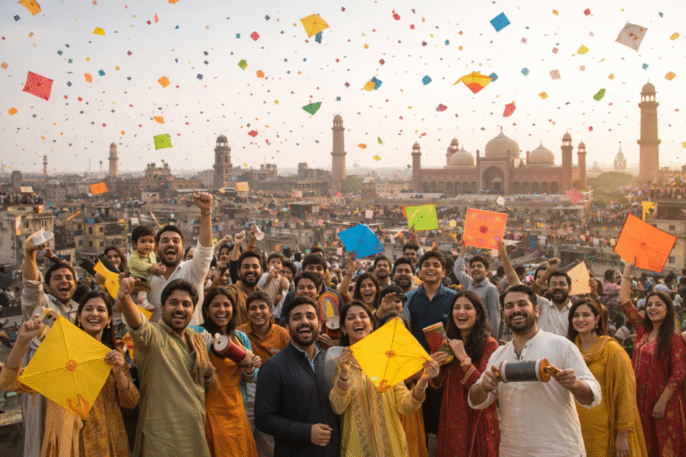 Ai image of people celebrating Basant and are happy